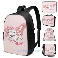 Funny Axolotl Baby USB Charge Backpack School Travel Laptop Bag