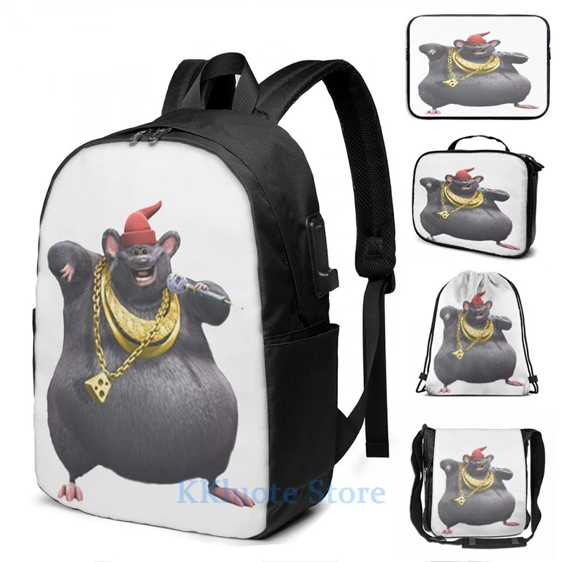 Biggie Cheese USB Charge Backpack School Travel Laptop Bag