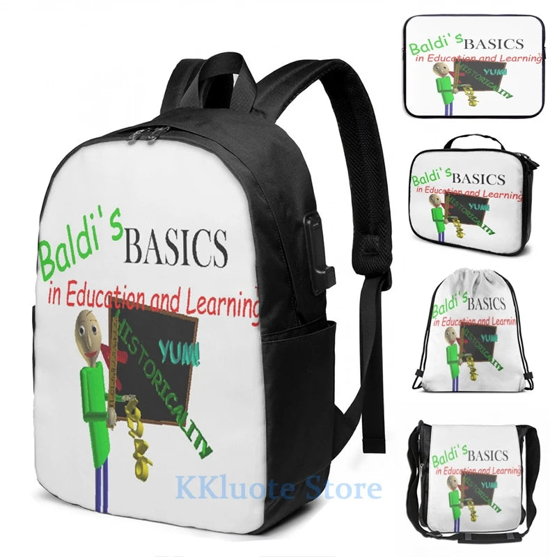 Funny Graphic Baldis Basics USB Charge Backpack School Travel Laptop Bag