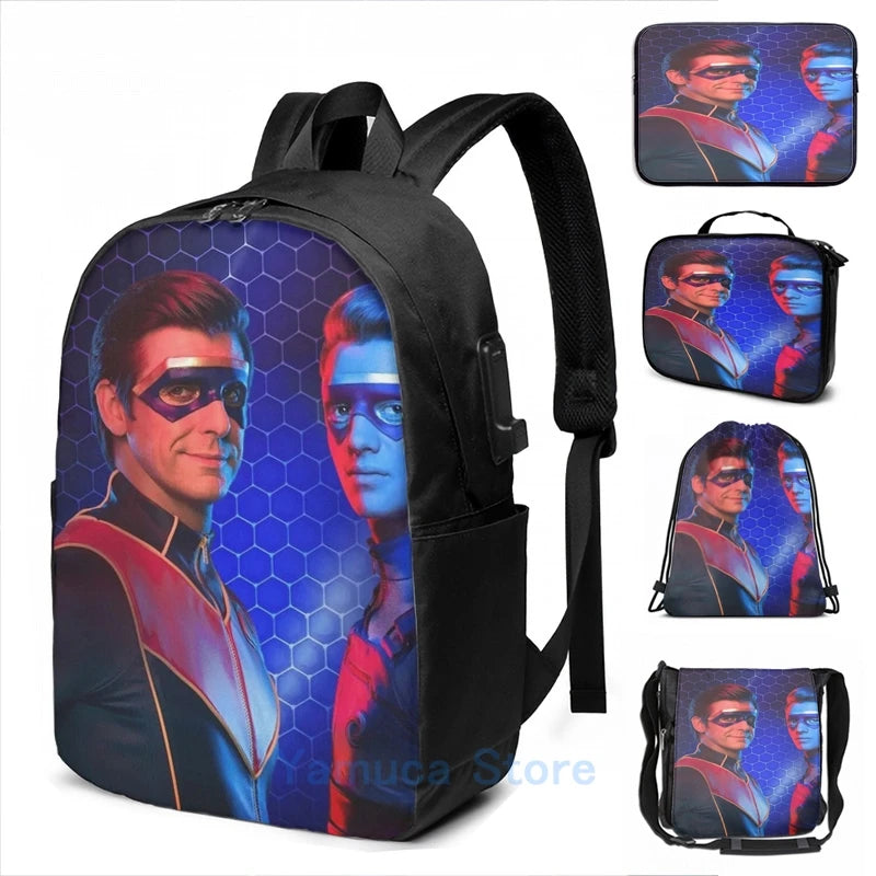 Funny Graphic Captain Man and Kid Danger USB Charge Backpack