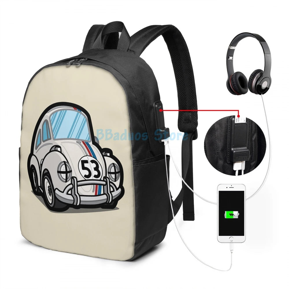 Funny Racing Herbie USB Charge Backpack School Travel Laptop Bag