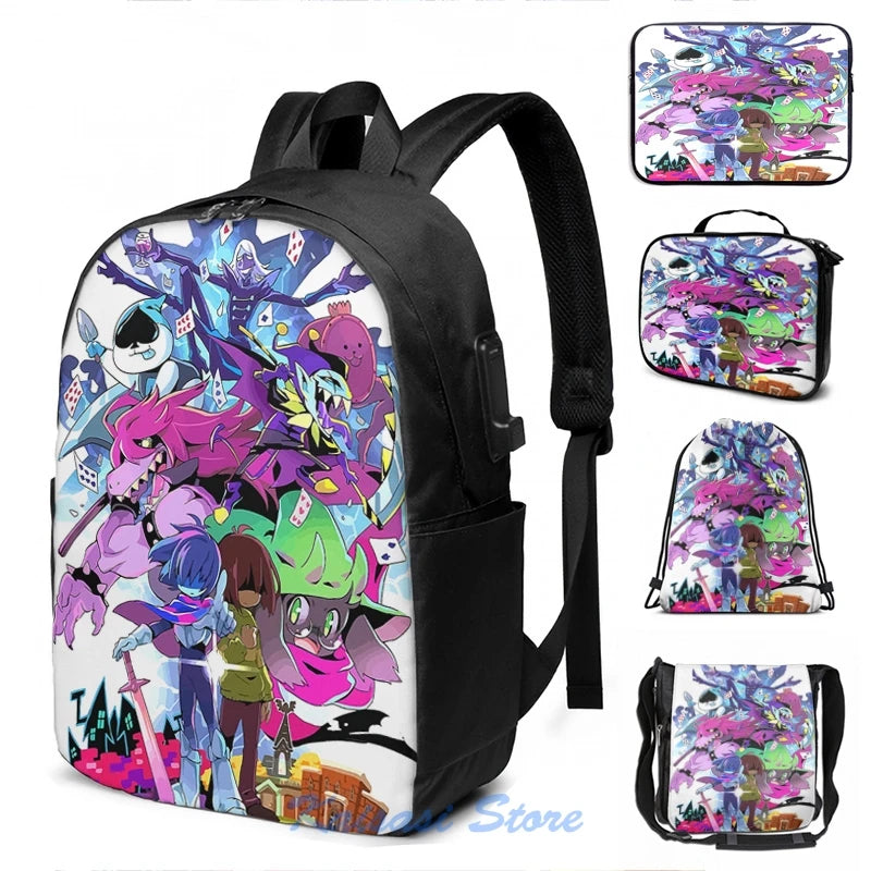 Deltarune Funny Graphic USB Charge Backpack School Travel Laptop Bag