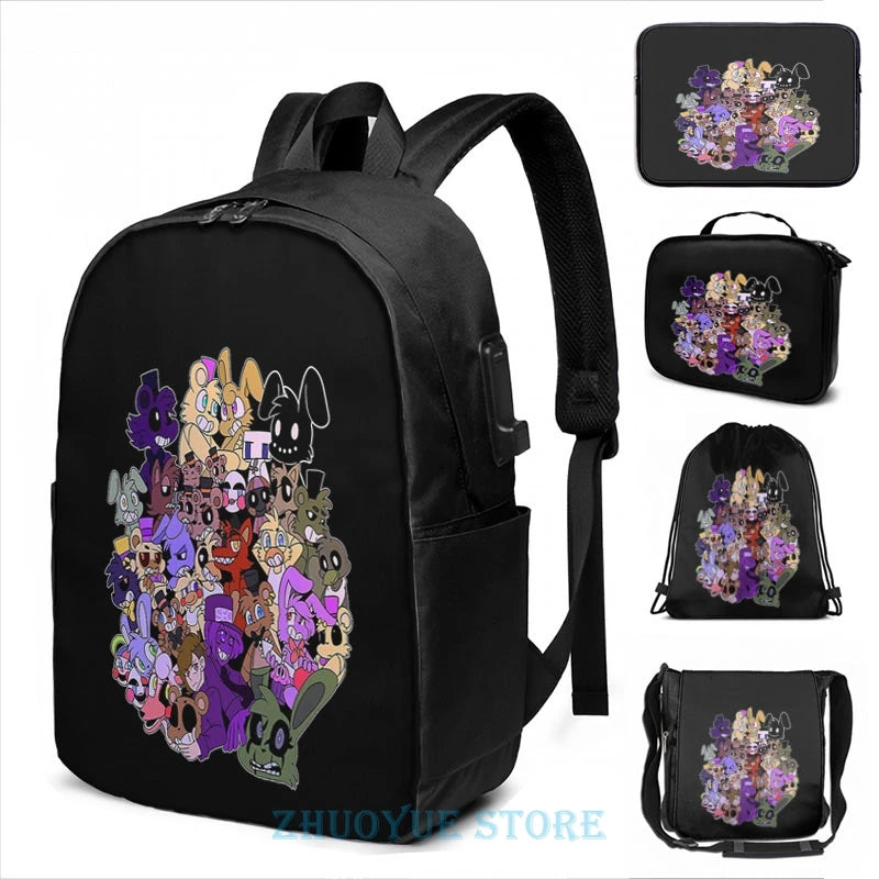 Funny FNAF USB Charge Backpack School Travel Laptop Bag