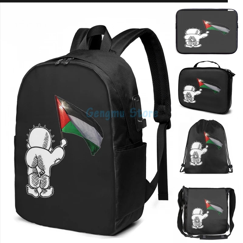 Funny Handala Symbol USB Charge Backpack School Travel Laptop Bag