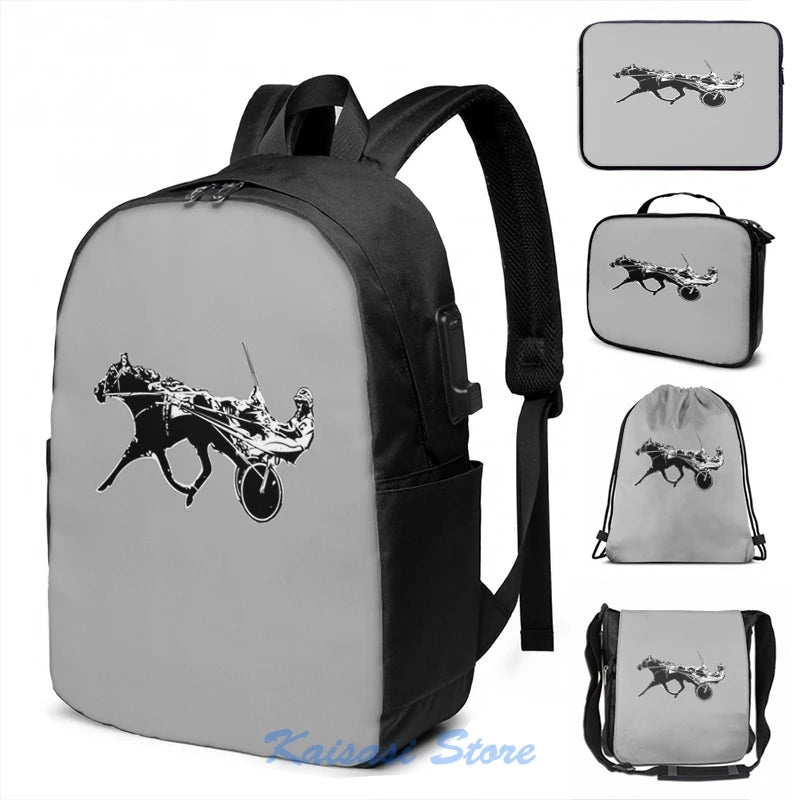 Funny Graphic Print Harness Horse Racing USB Charge Backpack School Bag