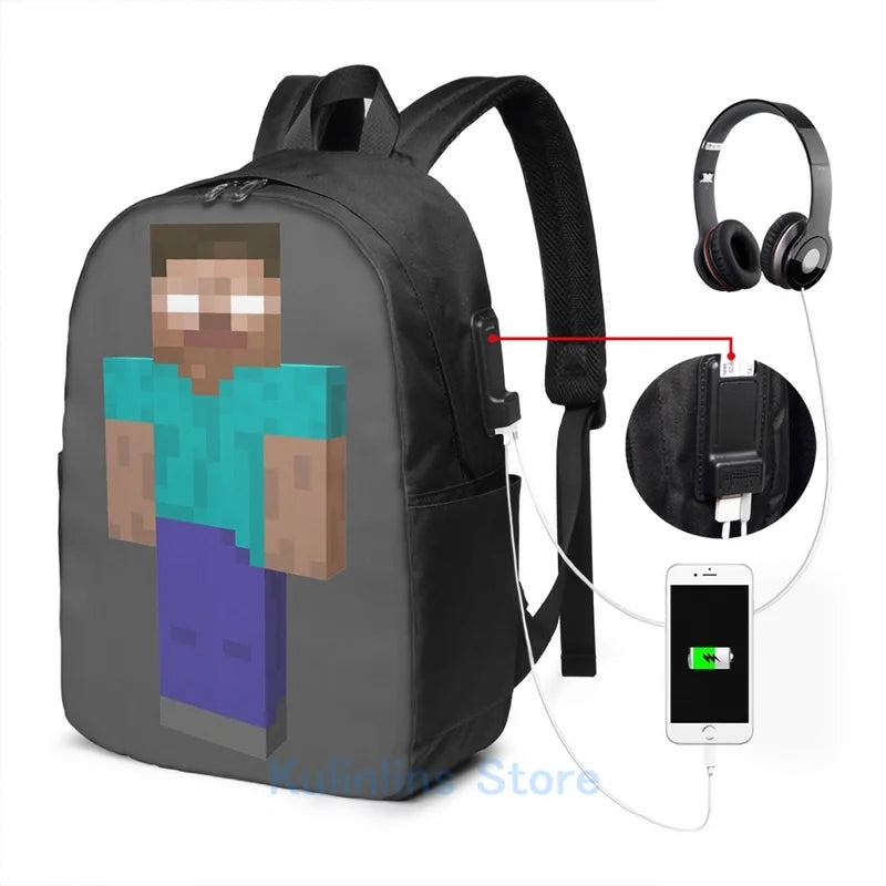 Funny Herobrine USB Charge Backpack School Travel Laptop Bag