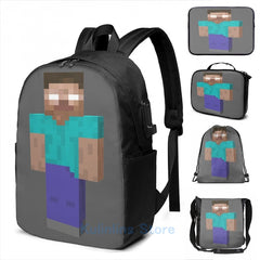 Funny Herobrine USB Charge Backpack School Travel Laptop Bag