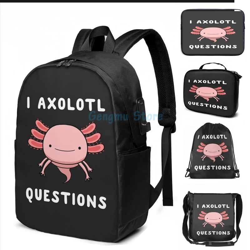 Axolotl USB Charge Backpack School Travel Laptop Bag