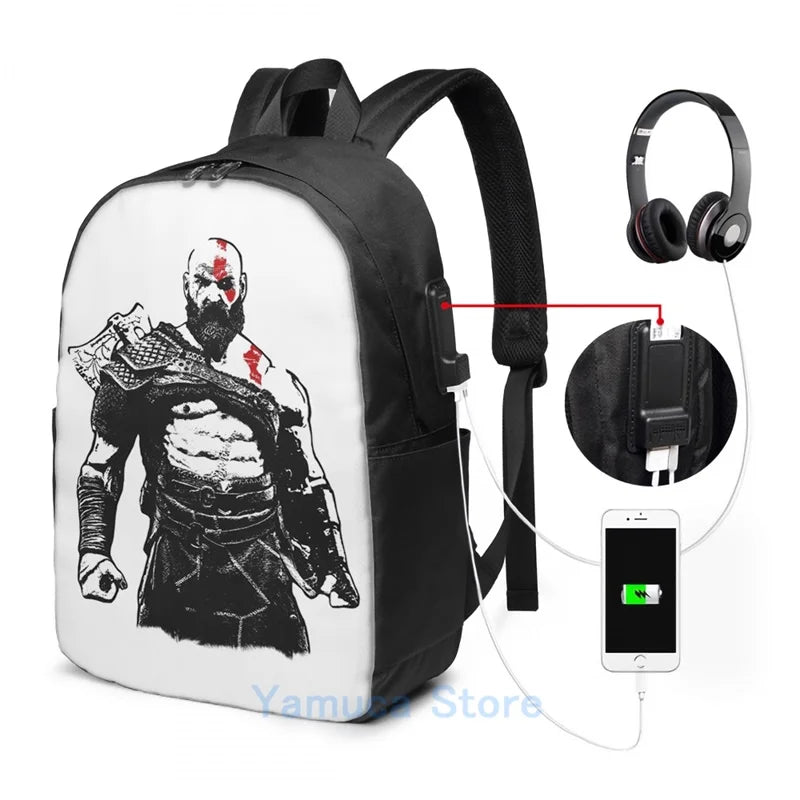 Kratos USB Charge Backpack Funny Graphic Print for School Travel