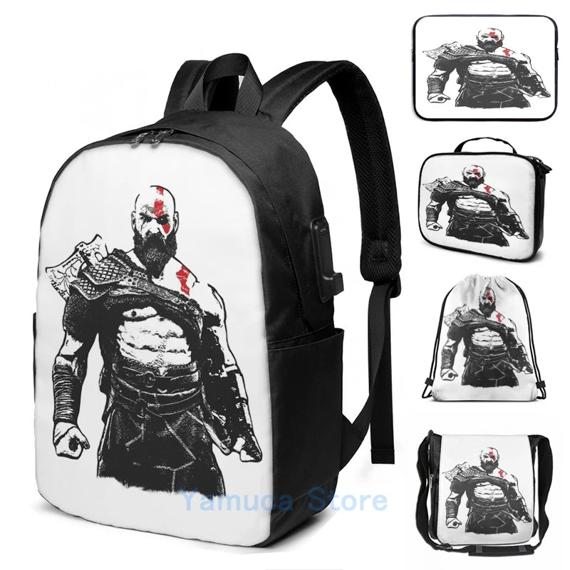 Kratos USB Charge Backpack Funny Graphic Print for School Travel