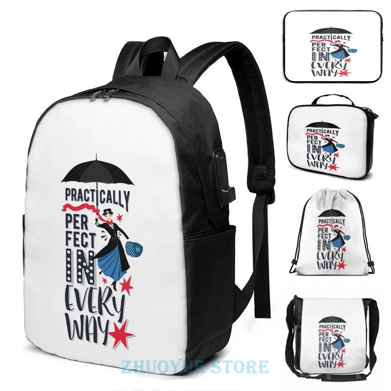 Funny Mary Poppins USB Charge Backpack School Travel Bag
