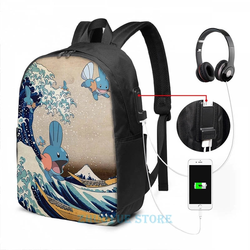 Funny Mudkip Wave USB Charge Backpack School Travel Laptop Bag