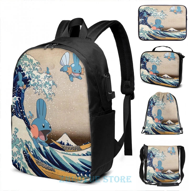 Funny Mudkip Wave USB Charge Backpack School Travel Laptop Bag