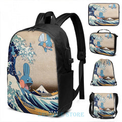 Funny Mudkip Wave USB Charge Backpack School Travel Laptop Bag
