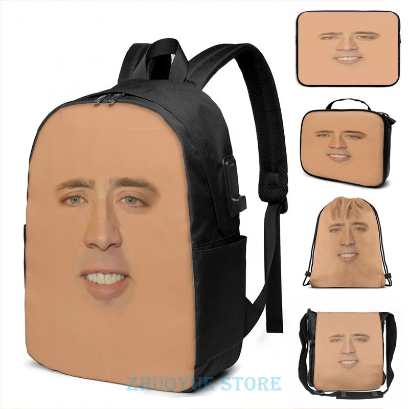 Funny Nicolas Cage USB Charge Backpack Full Face Graphic Print