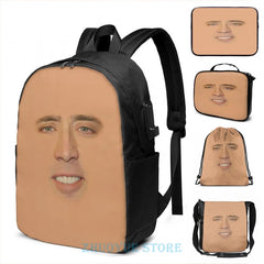 Funny Nicolas Cage USB Charge Backpack Full Face Graphic Print