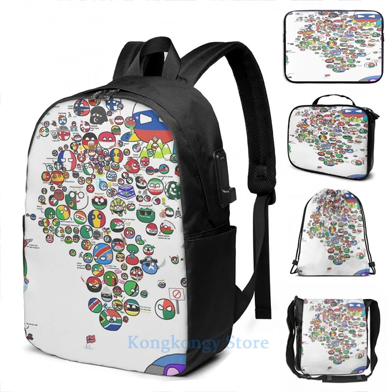 Polandball Countryball World Map USB Charge Backpack School bag
