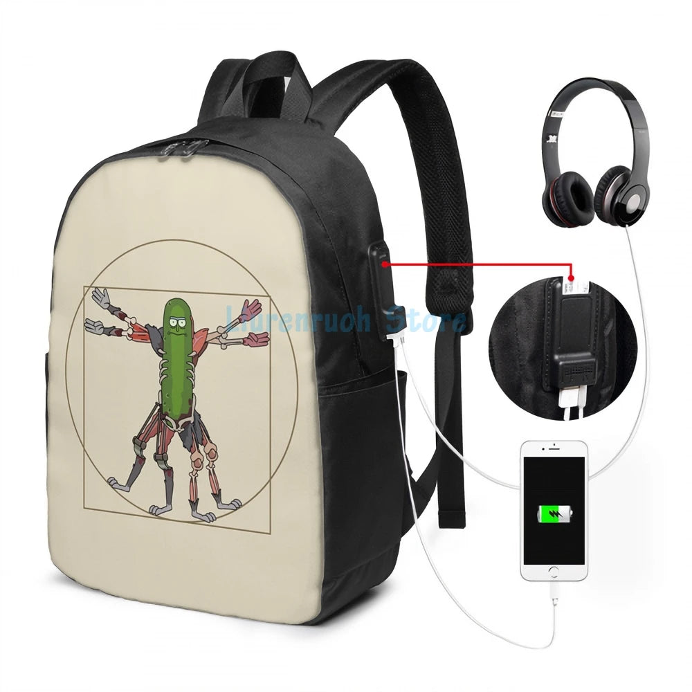 Funny Renaissance Pickle Rick USB Charge Backpack