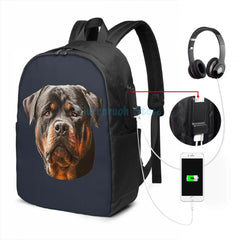 Rottweiler Dog USB Charge Backpack School Travel Laptop Bag