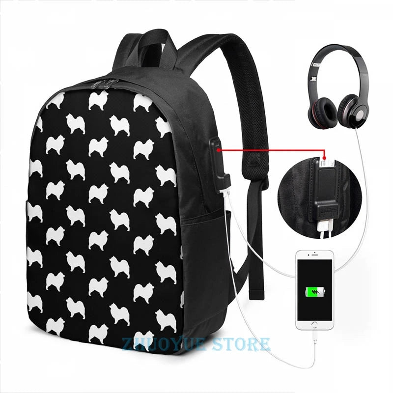 Funny Samoyed Silhouette USB Charge Backpack Men Women Travel Laptop Bag