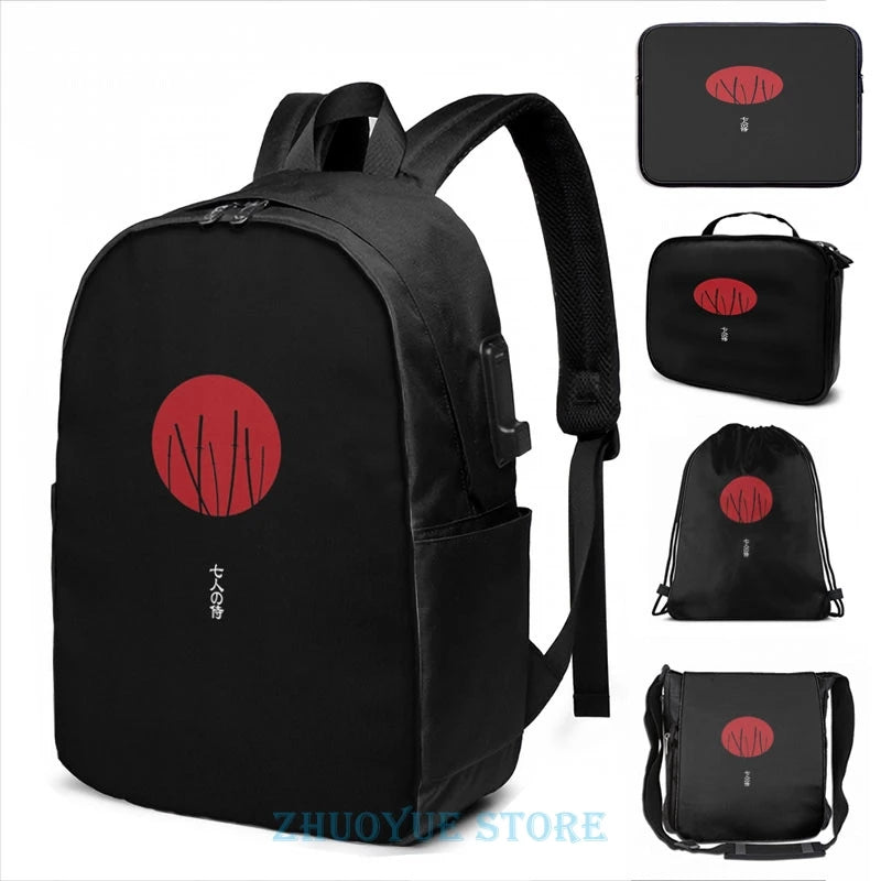 Seven Samurai USB Charge Backpack Men School Travel Laptop Bag