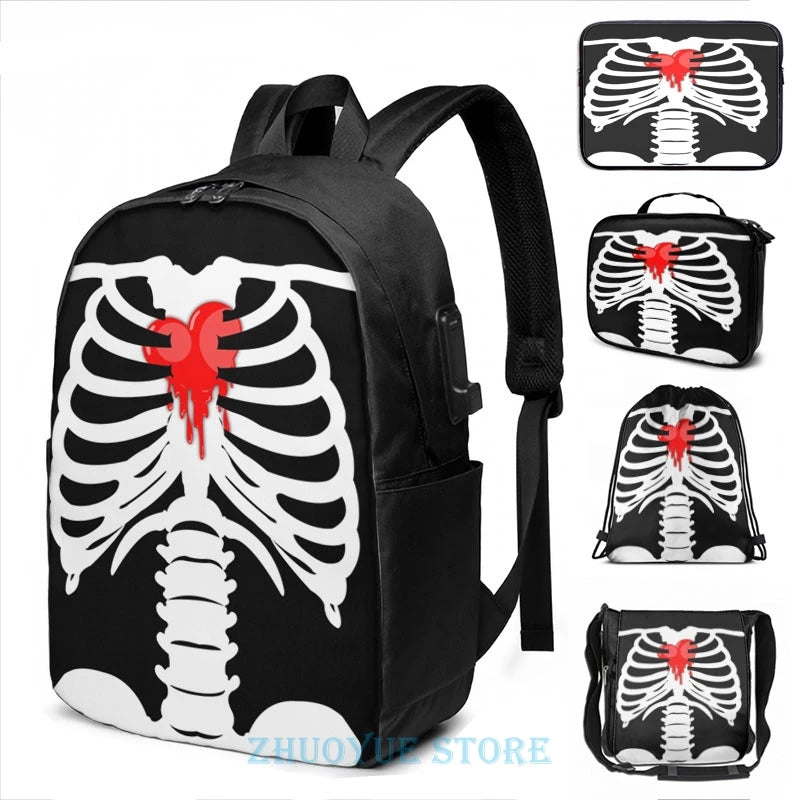 Skeleton Bleeding Heart USB Charge Backpack School Travel Laptop Bag
