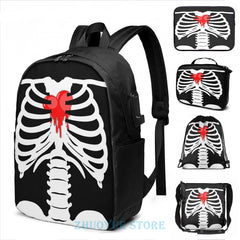 Skeleton Bleeding Heart USB Charge Backpack School Travel Laptop Bag