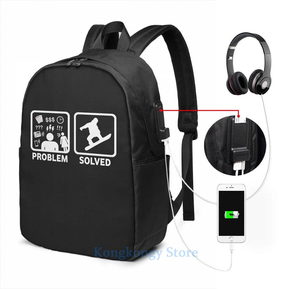 Snowboarding Funny Problem Solved USB Charge Backpack