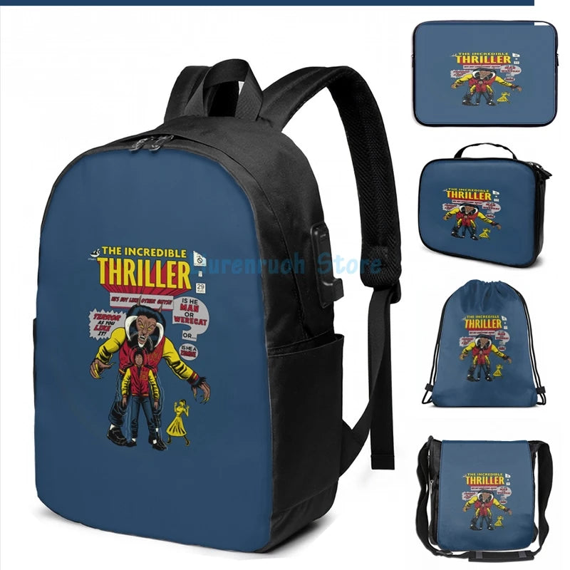 Incredible Thriller USB Charge Backpack Men Women School Travel Laptop Bag