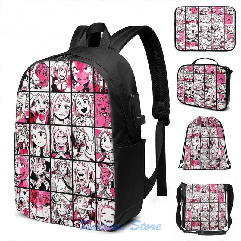 Uraraka Ochako Collage USB Charge Backpack for School Travel