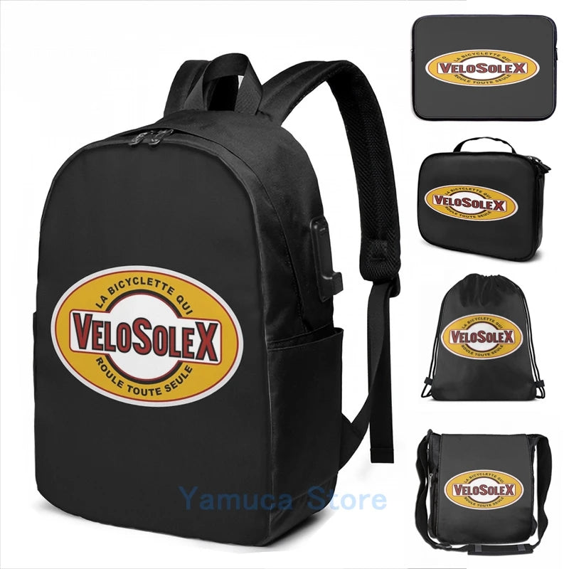 Funny Graphic VeloSoleX USB Charge Backpack for School and Travel