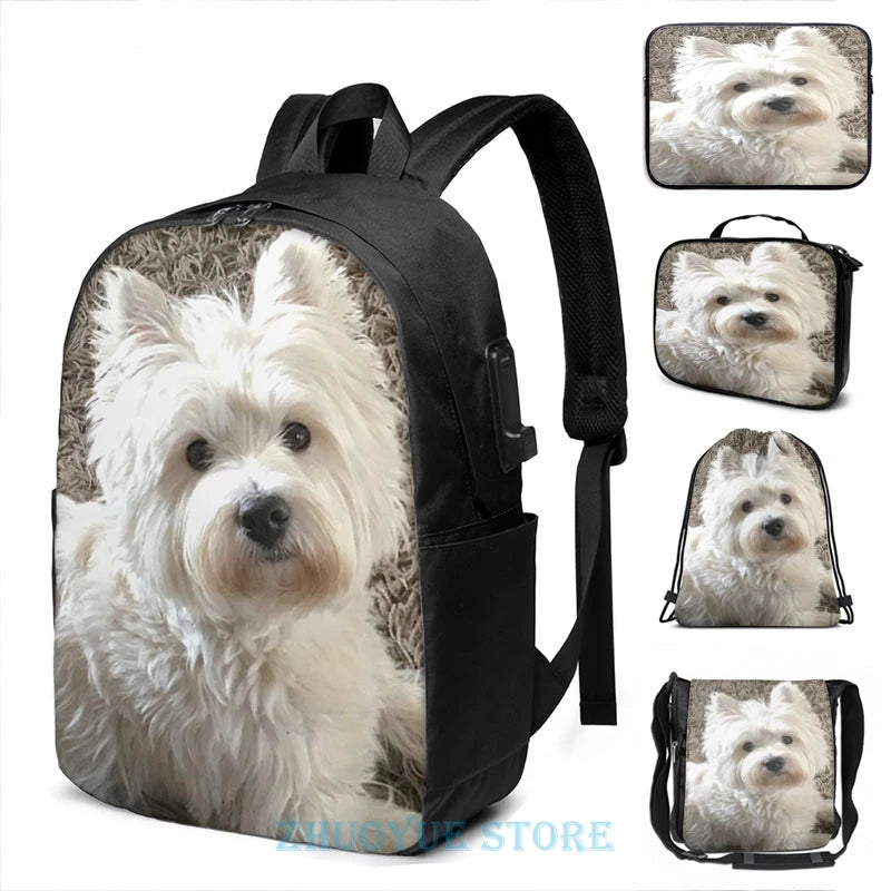Funny Westie USB Charge Backpack School Travel Laptop Bag
