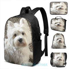 Funny Westie USB Charge Backpack School Travel Laptop Bag