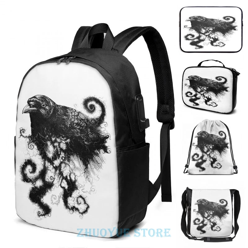 Funny Graphic Weather Crow USB Charge Backpack Men School Women