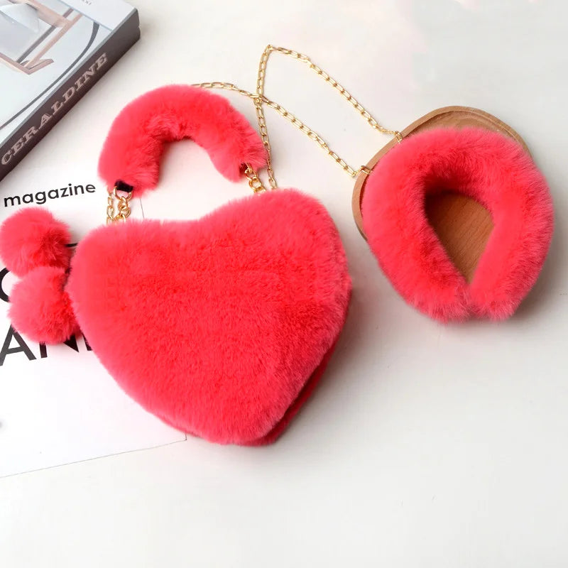 Faux Fur Heart Purse & Headband Set Lady Handbag
