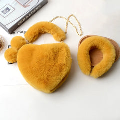 Faux Fur Heart Purse & Headband Set Lady Handbag
