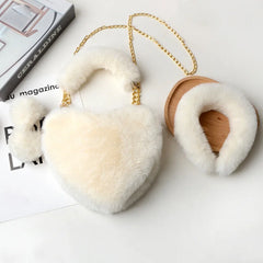 Faux Fur Heart Purse & Headband Set Lady Handbag
