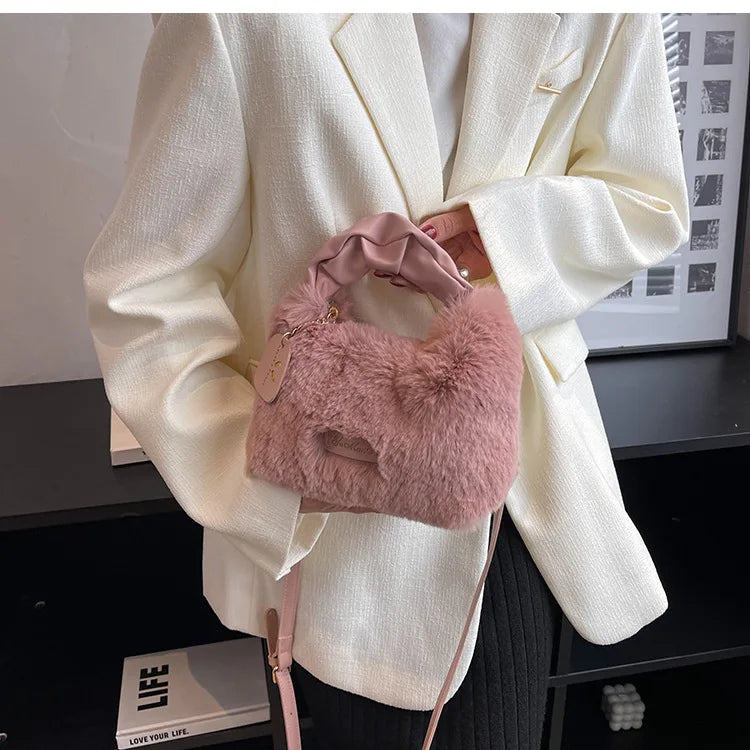 Plush Crossbody Bag Fur Handle Clutch Hobo Shoulder