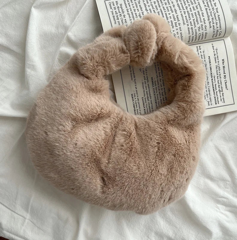 Furry Faux Fur Bow Handle Hobos Clutch Bags