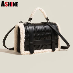 Faux Fur Panelled Flap Shoulder Purse Soft Plush Handbag Women Hand Bags