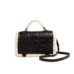 Faux Fur Panelled Flap Shoulder Purse Soft Plush Handbag Women Hand Bags