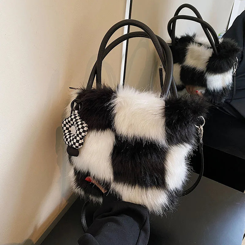 Furry Women's Handbag Winter Underarm Bag Splicing Single Ladies Shoulder Crossb