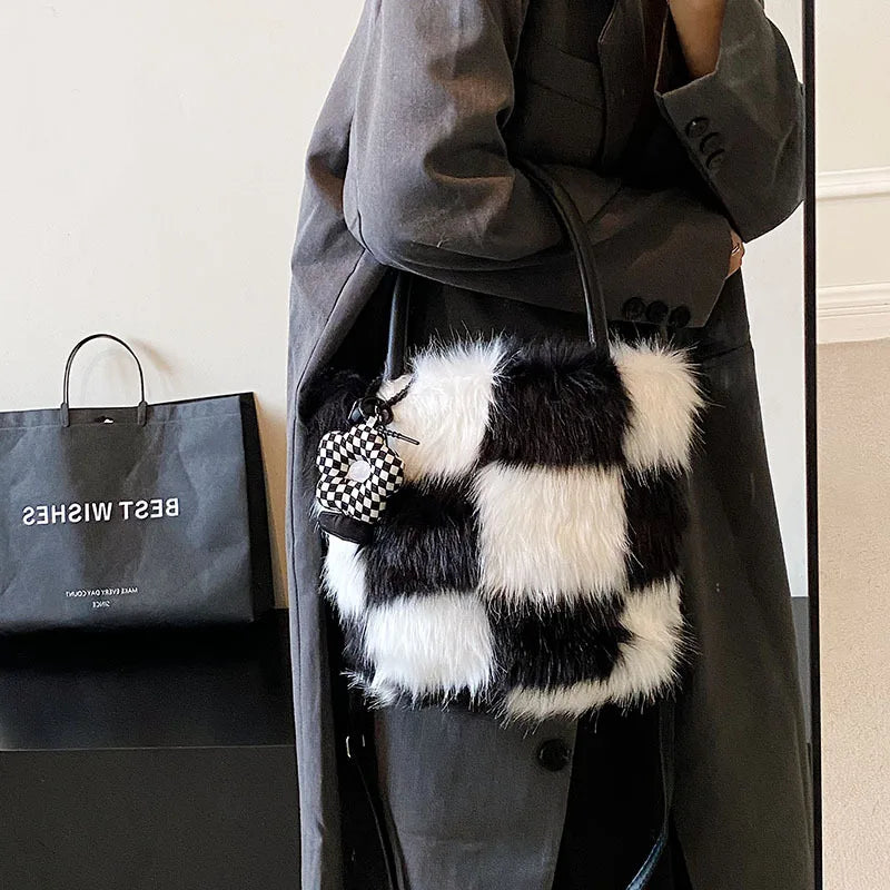 Furry Women's Handbag Winter Underarm Bag Splicing Single Ladies Shoulder Crossb