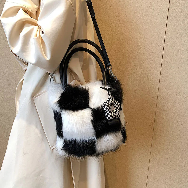 Furry Women's Handbag Winter Underarm Bag Splicing Single Ladies Shoulder Crossb