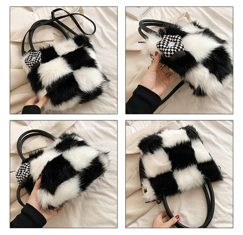 Furry Women's Handbag Winter Underarm Bag Splicing Single Ladies Shoulder Crossb
