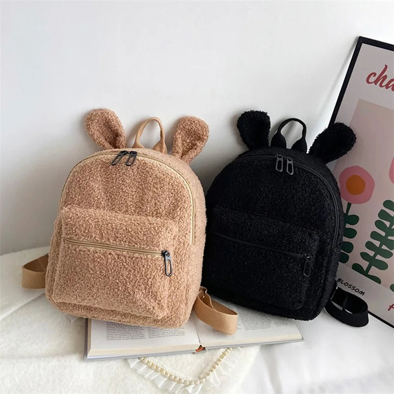 Fuzzy Rabbit Backpack Plush Bag with Bunny Ears Zipper