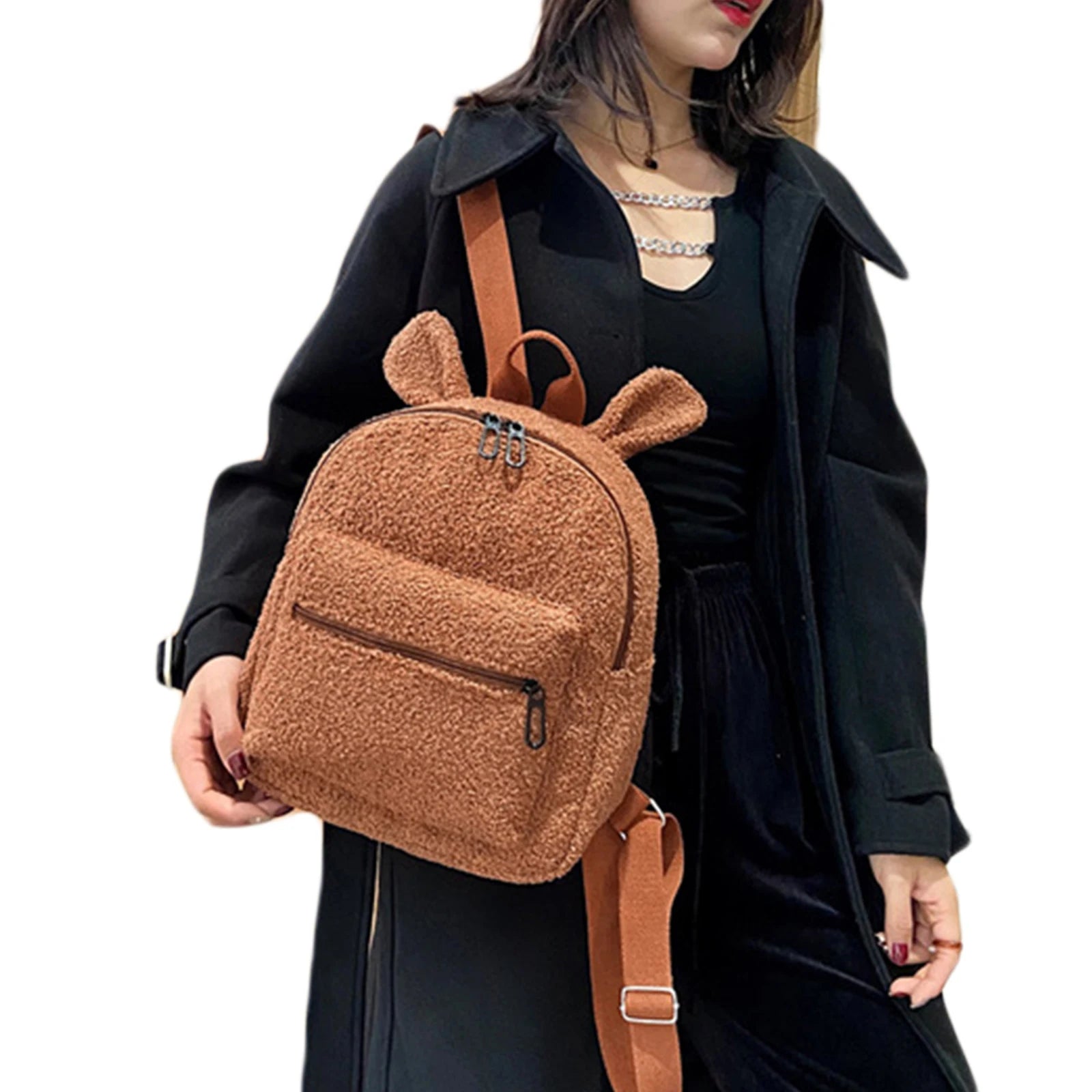 Fuzzy Rabbit Backpack Plush Bag with Bunny Ears Zipper