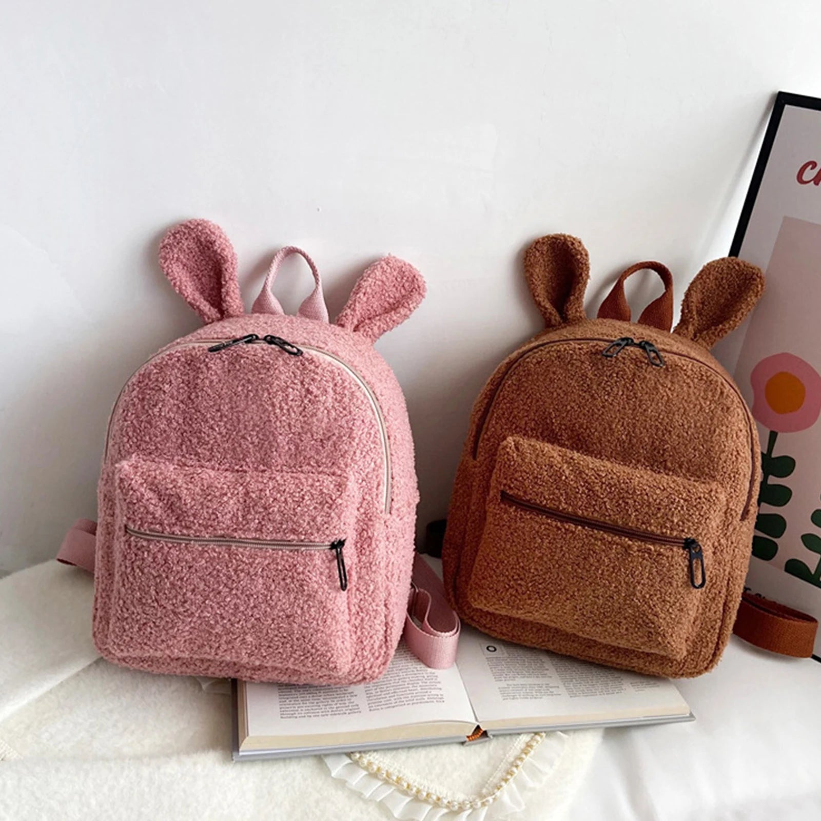 Fuzzy Rabbit Backpack Plush School Bag with Bunny Ears Zipper
