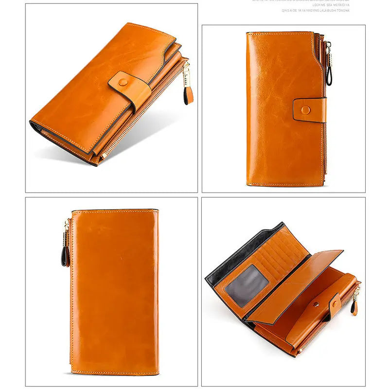 Leather Lady's Wallet RFID Anti Theft Brush Long Oil Wax Mobile Phone Clutch Bag