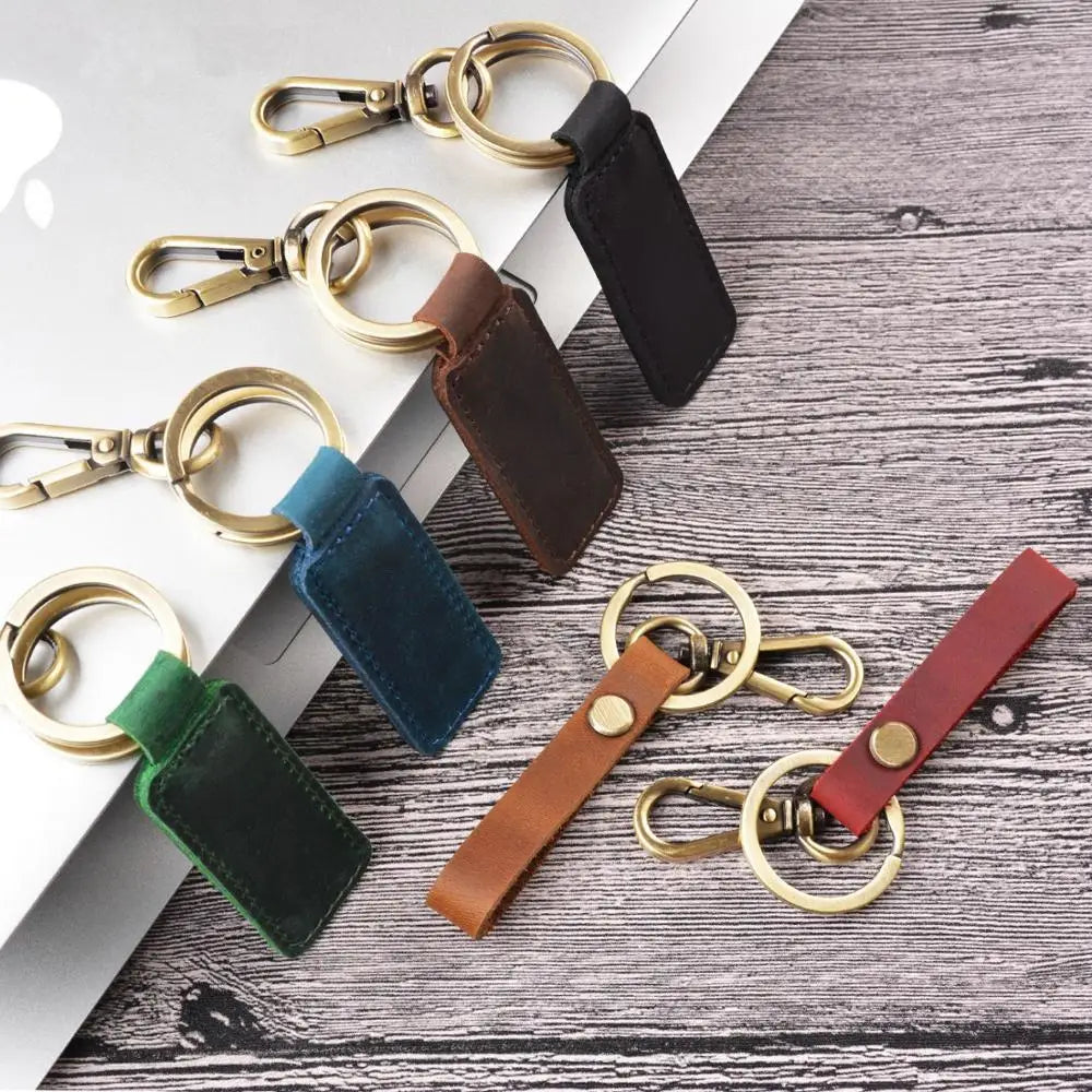 Vintage Leather Key Holder for Men Cowhide Tag Plated Bronze Hook